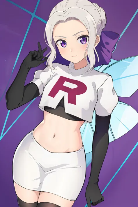 ((best quality)),((highly detailed)),masterpiece,absurdres,detailed face,beautiful face,(detailed eyes, deep eyes),(1girl),((dynamic pose)), shino, 1girl, solo, purple eyes, looking at viewer, fairy background, ribbon, hair ribbon, purple ribbon, white hai...