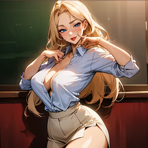 ((Pleasant soft colors)), in front of blackboard, long blond hair, unbuttoned shirt, full red lips, shiny hair, shiny skin, blue eyes, curvaceous, detailed face, seductive mature female teacher, face front, soft lighting, morning light, smirking, blush, lo...