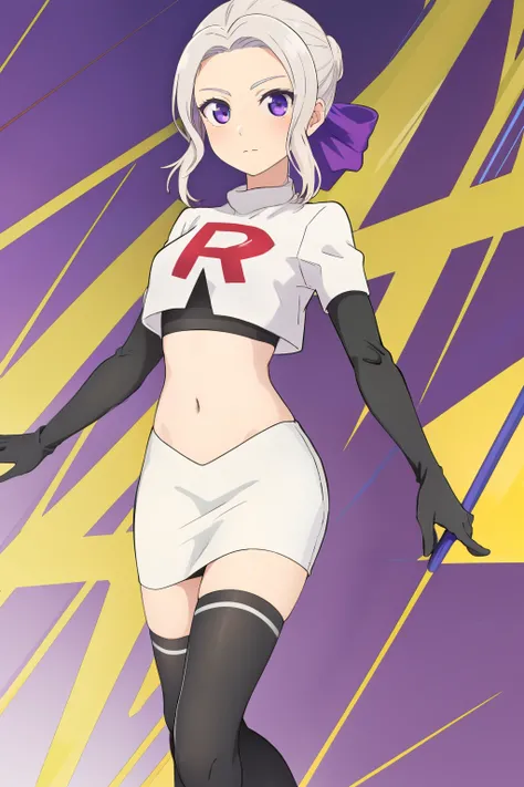 ((best quality)),((highly detailed)),masterpiece,absurdres,detailed face,beautiful face,(detailed eyes, deep eyes),(1girl),((dynamic pose)), shino, 1girl, solo, purple eyes, looking at viewer, fairy background, ribbon, hair ribbon, purple ribbon, white hai...