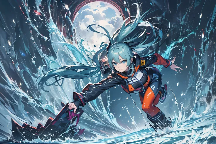 Beautiful girl in a ski suit、light blue long hair、twin tails、adorable smile、long hair snowboarder，Front angle、Dynamic mode、blow up snow、large from front to center、 action sports, steep, Attractive detailed art style, old japanese anime style，impressive art...