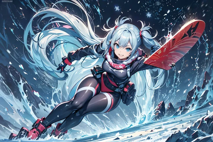 Beautiful girl in a ski suit、light blue long hair、twin tails、adorable smile、long hair snowboarder，Front angle、Dynamic mode、blow up snow、large from front to center、 action sports, steep, Attractive detailed art style, old japanese anime style，impressive art...