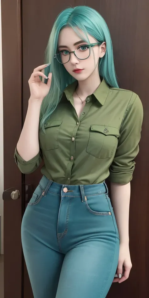 Masterpiece, best quality, 1girl, solo, 23 years old, adult, teal and green hair, aqua eyes, medium breasts,  toned, 167cm, pale skin, glasses, seductive expression, olive green shirt, jeans, 