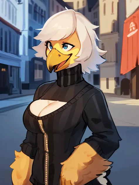 by bebebebebe, by lostgoose, by goonie-san, solo, female, standing, ((snout, hair, white hair, avian, bird, great tit)), detailed eyes, german city, open mouth, smiling, happy, ((designer clothes, prada turtleneck, cleavage))