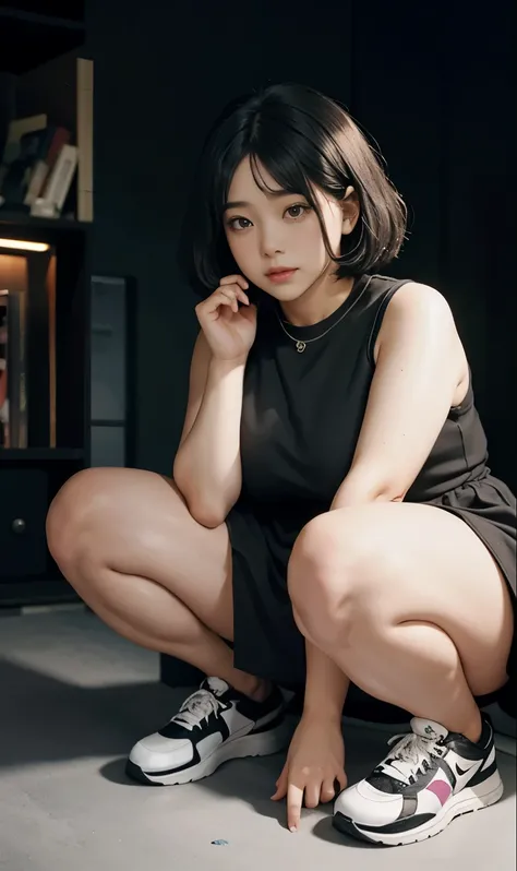 A beautiful beauty, long black hair, big eyes, round face, dress, tight purple skirt, sneakers , slightly fat, plump and sexy, delicate facial features, on the black room, black room, dark room, HD, high quality, the best picture quality, chubby body, bob ...