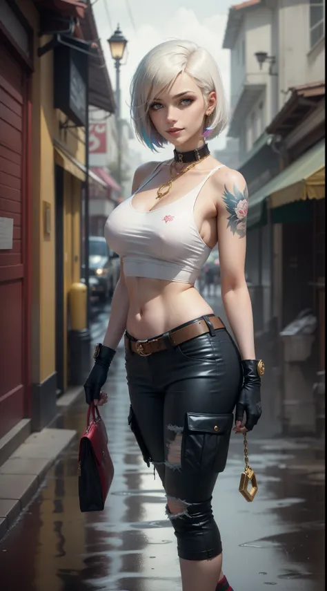 gwen tennyson,android 18,yorha 2b,samus aran,overwatch,atelier ryza,close up,yakuza mansion,dragon tattoos,white and gold plugsuit,white short sleeve sport top,chain wallet,sleeveless short punk jacket,royal blue cargo pants,short hair,punk makeup,blue eye...