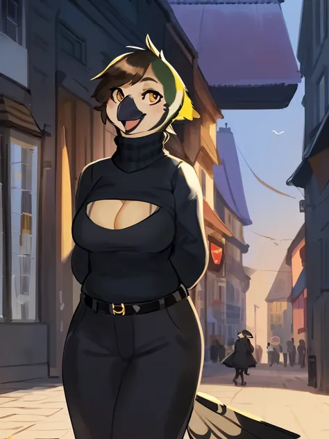 (((Great tit))), by bebebebebe, by lostgoose, by goonie-san, solo, female, standing, ((snout, hair, hair, avian, bird)), detailed eyes, german city, open mouth, smiling, happy, ((designer clothes, prada turtleneck, cleavage))