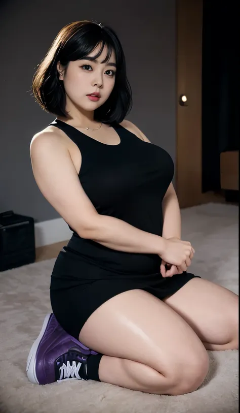 A beautiful beauty, long black hair, big eyes, round face, dress, tight purple skirt, sneakers , slightly fat, plump and sexy, delicate facial features, on the black room, black room, dark room, HD, high quality, the best picture quality, chubby body, bob ...