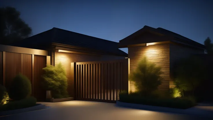 There is a courtyard with a wooden fence，lawn，柔和过滤的outdoor lighting，outdoor lighting，体积outdoor lighting，Well-lit 3D rendering，outdoor lighting，with photorealistic lighting，outdoor lighting，spotlight at a 90 degree angle，outdoor lighting，front lighting，ligh...