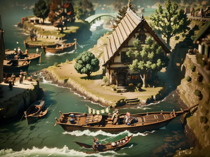 there is a small boat docked at a pier with a sign, a digital rendering by Ren Renfa, tumblr, renaissance, from bravely default ii, octopath traveler, octopath voyager, octopath traveller style, boris valejo. octopath traveler, dragon crown, a bustling mag...