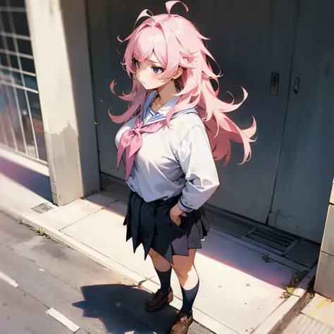 1female , School Uniform,Curvy,White Bow , Pink Hair , Purplish Black Eyes , Messy Hair , Serious Expression , Standing on sidewalk , 