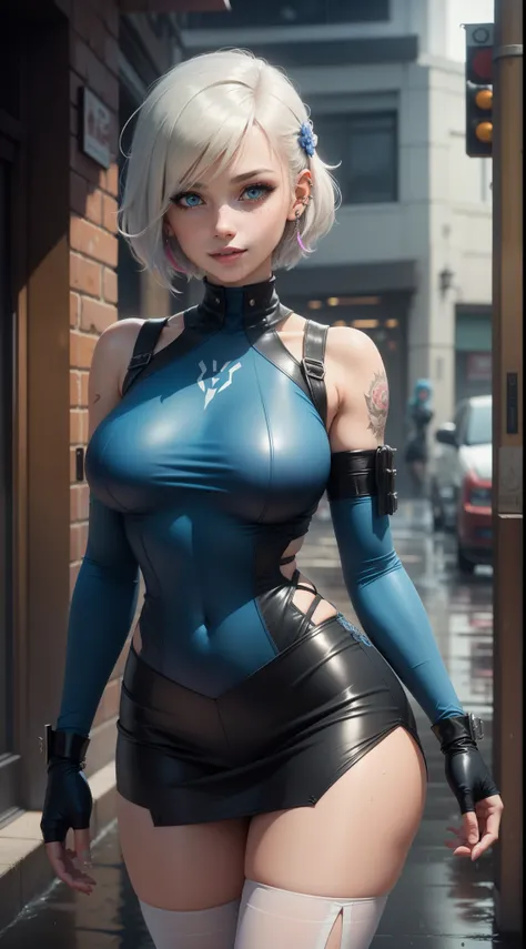 android 18,yorha 2b,samus aran,jill valentine, overwatch,atelier ryza,close up,yakuza mansion, tattoos,white and gold plugsuit,long sleeve lycra top,denim vest,tight denim skirt,full pantyhose under the skirt,short hair,punk makeup,blue eyes,multicolored s...