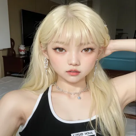 Chica rubia con un top negro y un top blanco posando para una foto., Lalisa Manobal, peinado de corte hime blanco, pelo largo y blanco y flequillo, flequillo blanco, very very pale blonde hair, cabello con flequillo blanco, extremely pale blonde hair, el c...