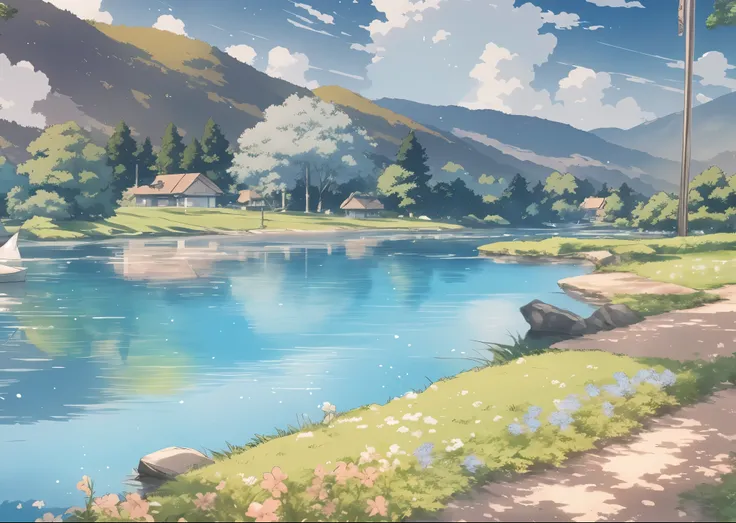 Draw a lake，There are boats and houses in the distance, anime countryside landscape, Detailed scenery —width 672, Anime landscape, anime landscape wallpapers, Anime background art, beautiful anime scenery, Anime landscapes, landscape artwork, scenery art d...