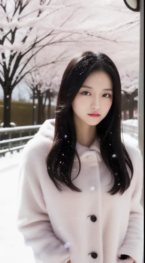 1 supermodel Japanese girl，Japan Highway Background，cherry blossom tree background，outdoor，Half-length photo，mercerized hair，Warm white winter clothing，snow，gentle，black hair，straight hair，black eyes