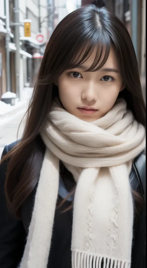 1 supermodel Japanese girl，Japan City Background，Half-length photo，mercerized hair，Warm white winter clothing，gentle，black hair，straight hair，black eyes，scarf，Beautiful facial lighting