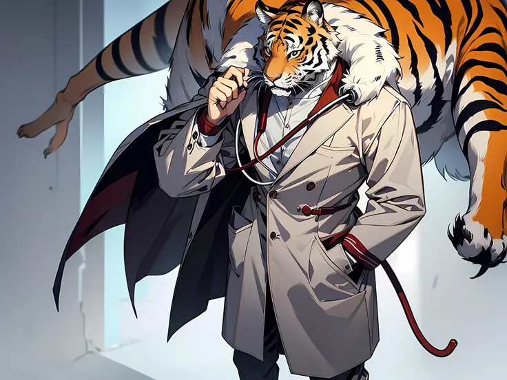 1 tiger man, wearing white doctor outfit with stethoscope on his neck, face to detail, standing, detailed eyes, full-body illustration