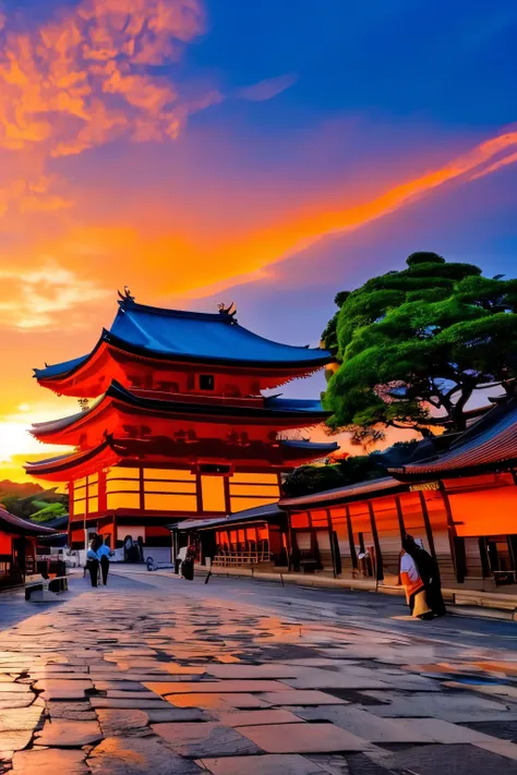 best quality, scenery of ancient capitals like kyoto and kamakura in japan, (sunset sky dyed orange and red:1.4), sunlight shini...