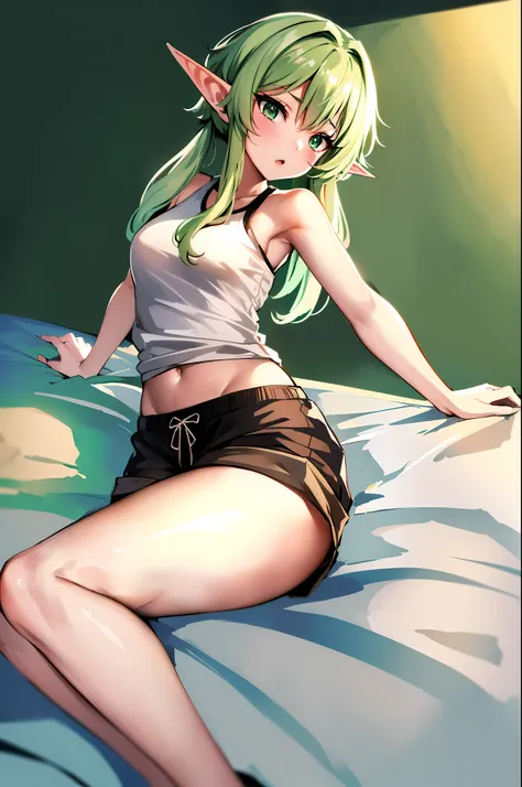 highelfarcher, high elf archer, elf, green hair,  long hair, pointy ears,  elf,  (beach_background:1.4), break (masterpiece:1.2)...