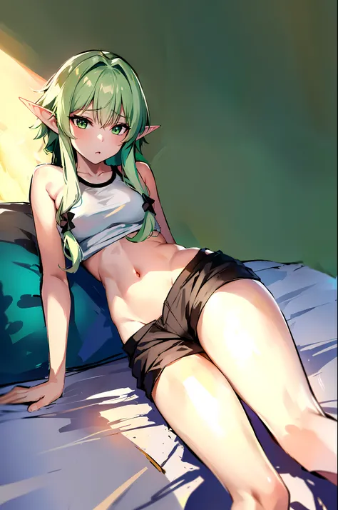 highelfarcher, high elf archer, elf, Green hair,  long hair, pointy ears,  elf,  (Beach_background:1.4), break (masterpiece:1.2), best quality, high resolution, unity 8k wallpaper, (illustration:0.8),   perfect lighting, Highly detailed CG,  (sexy:1.4),alo...