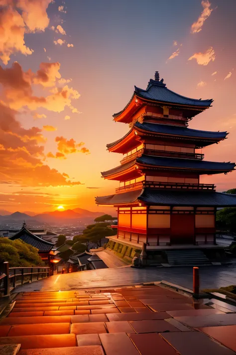 best quality, scenery of ancient capitals like Kyoto and Kamakura in Japan, (sunset sky dyed orange and red:1.4), sunlight shining through the gaps in the clouds, cobblestones, after the rain, ancient city at sunset