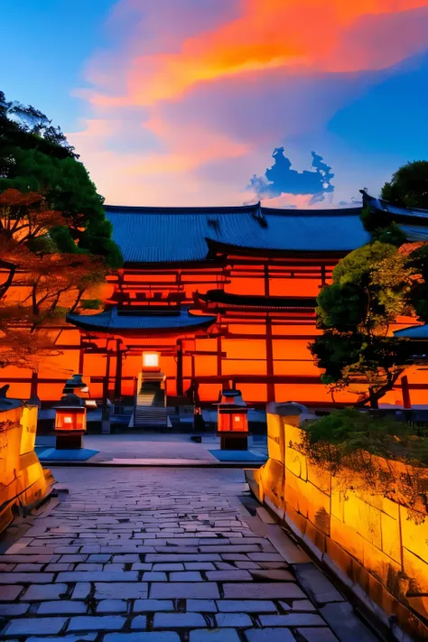 best quality, scenery of ancient capitals like kyoto and kamakura in japan, (sunset sky dyed orange and red:1.4), sunlight shini...