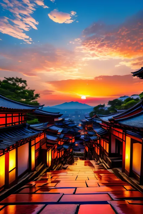 best quality, scenery of ancient capitals like kyoto and kamakura in japan, (sunset sky dyed orange and red:1.4), sunlight shini...