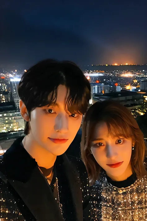 "imagine a young man on a rooftop with a night view of the city behind him.。, stare at the camera (viewer&#39;s perspective) wit...