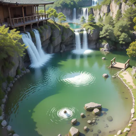 A huge open-air bath at the top of the mountain　hot water　top quality　masterpiece　Ultra A high resolution　거대한 waterfall　beautiful hot springs, grassland bamboo, waterfall, lake