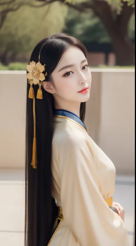 1 supermodel Chinese girl，Gorgeous Hanfu，classical beauty，golden hair accessories，Court background，black hair，black eyes，cute，sweet