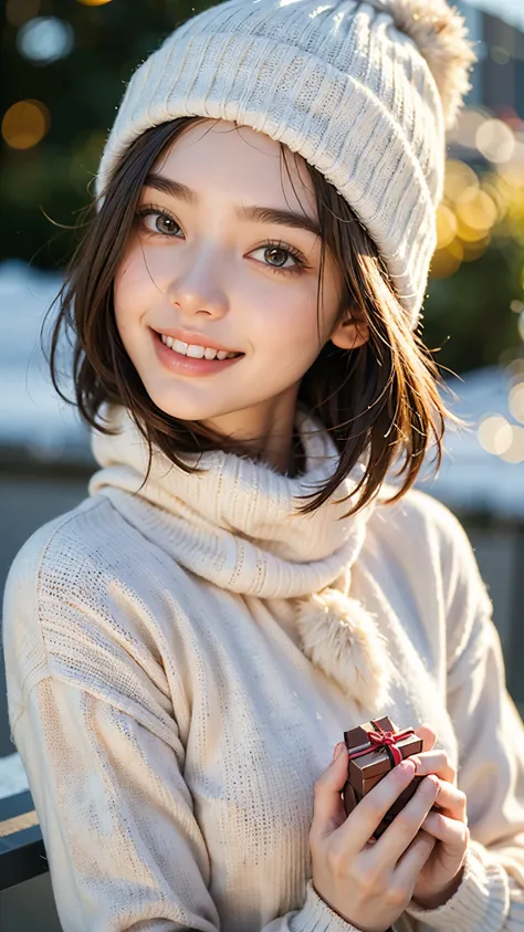 highest quality, masterpiece, ultra high resolution, (realistic:1.4), (portrait facing each other) RAW photo, 1 girl, 18-year-old,((winter school uniform)),((Knit hat and muffler)),((Hold out a gift to the viewer with both hands)),((looking up at the viewe...