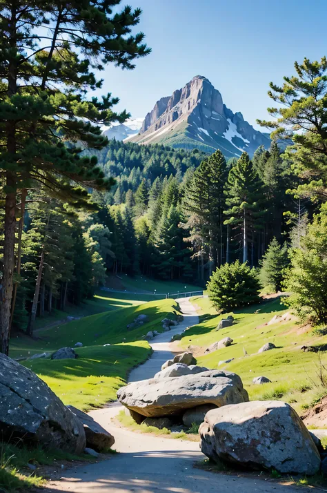 A creative and dynamic high-quality image. a rocky backdrop with bushes and green foliage. uma grande pedra no centro. montanhas ao fundo. blue sky. Ultra HD, 3D rendering, vibrante, tipografiav0.2, foto, cinematographic, poster