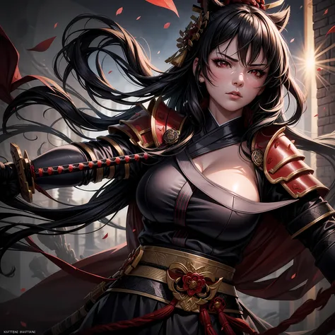 Best quality,ultra detailed,Realistic:1.37,woman warrior with katana,Detailed eyes,detailed lips,long eyelashes,Bold facial expression,Strong physique,flowing black hair,kimono,red and black color scheme,Details of samurai armor,ornate katana,Moonlit Battl...