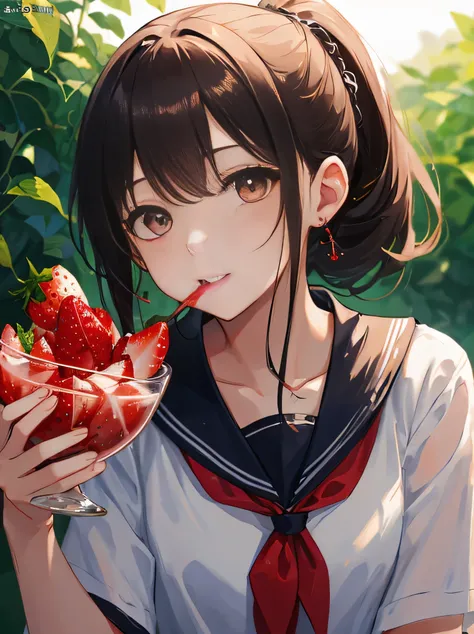 (8K、RAW photo、highest quality、masterpiece:1.2)、detailed background、beautiful and detailed face、beautiful and smooth skin、skin texture、professional lighting、cute teen girl,Cute Ponytail,sailor suit、They are eating happily while looking at me..、strawberry、wa...