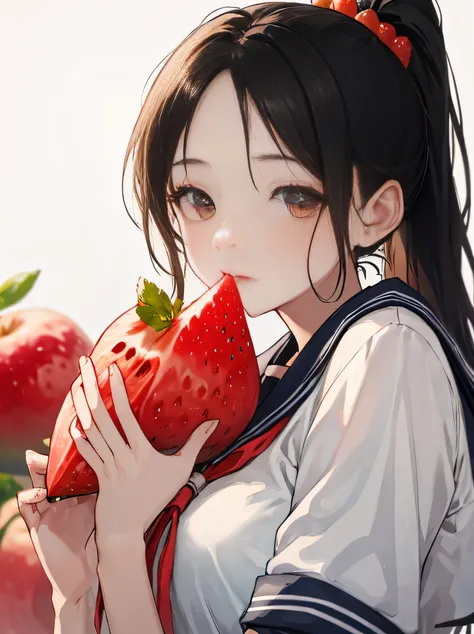 (8K、RAW photo、highest quality、masterpiece:1.2)、detailed background、beautiful and detailed face、beautiful and smooth skin、skin texture、professional lighting、cute teen girl,Cute Ponytail,sailor suit、Eat deliciously、strawberry、peach、Pear、mikan、apple、This、Kiwi...