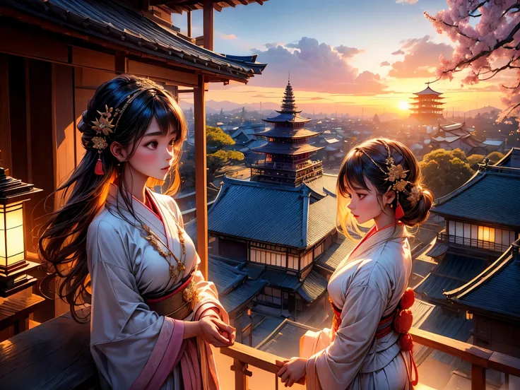 (((ancient capital of Kyoto, girl looking at sunset))), five-storied pagoda, deer, traditional Japanese architecture, cherry blossom trees, golden hour lighting, serene atmosphere, tranquility, detailed facial expressions, vibrant colors, picturesque lands...