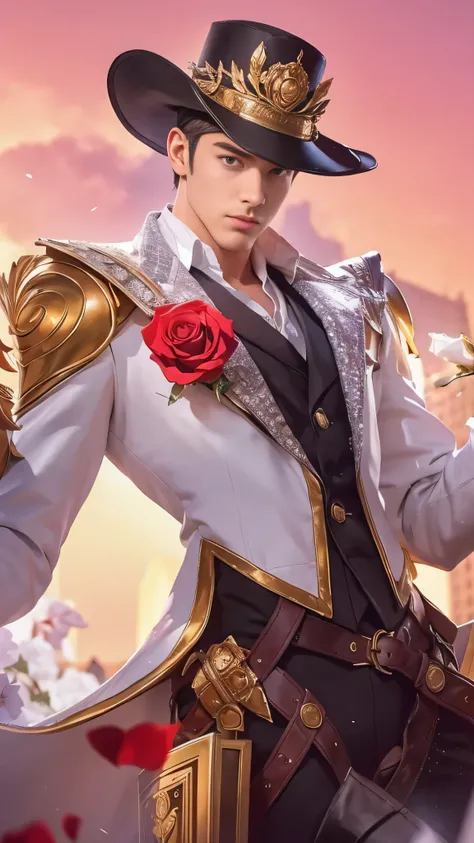 8k, highly detailed, photo realistic, a man in a white rose costume hat