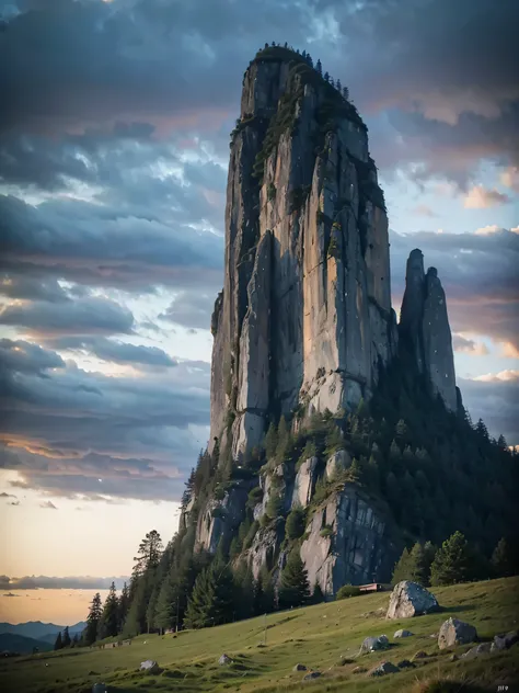 a rocky setting with cold, dark weather. arbustos e folhagens verdes. uma grande pedra no centro. montanhas ao fundo. Sky at dusk. dark fantasy setting