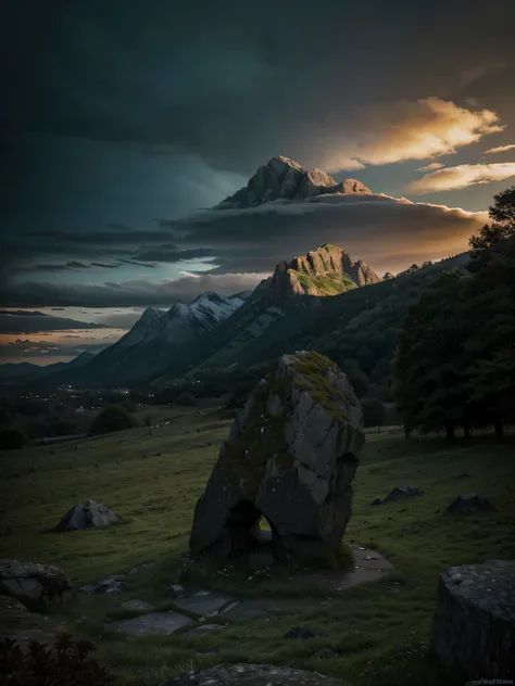 a rocky setting with cold, dark weather. folhagem verde. uma grande pedra no centro. montanhas ao fundo. Sky at dusk. dark fantasy setting