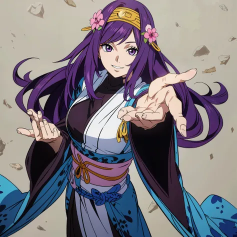 Hold out five fingers,Reached,beautiful women, 对着镜头Hold out five fingers。Reached,Girl with long purple hair, The beautiful female ninja with long blue hair in Naruto, Smile, Wearing a simple and beautiful blue dress, Beautifully hand-painted、