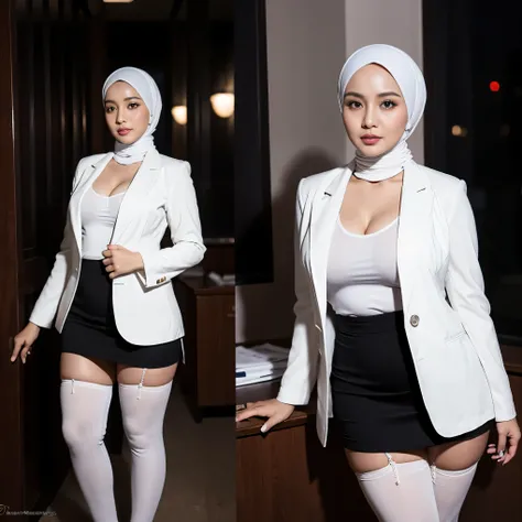 36 years Old, (Sugar Mama), (Sensual Lips), (White Skin), beautiful Hijab Indonesian MILF, Big Tits, (Blazer, stockings pants, Mini Skirt), curvy Body, at doctor office, Dark light, at Nighttime.