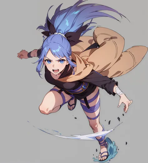 Girl with long blue hair，beautiful blueish eyes，blue haired ninja，lol，Punch your fist，in costume