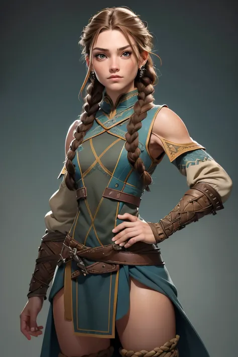 (Obra maestra, La mejor calidad) (young warrior woman of nordic descent), (ojos verdes), (Muscular), (falda de piel), (brown hair color),(loose hair with small braids on the scalp), (top con correa de cuero) plumas, capa sobre el hombro, bufas, (azul, gray...