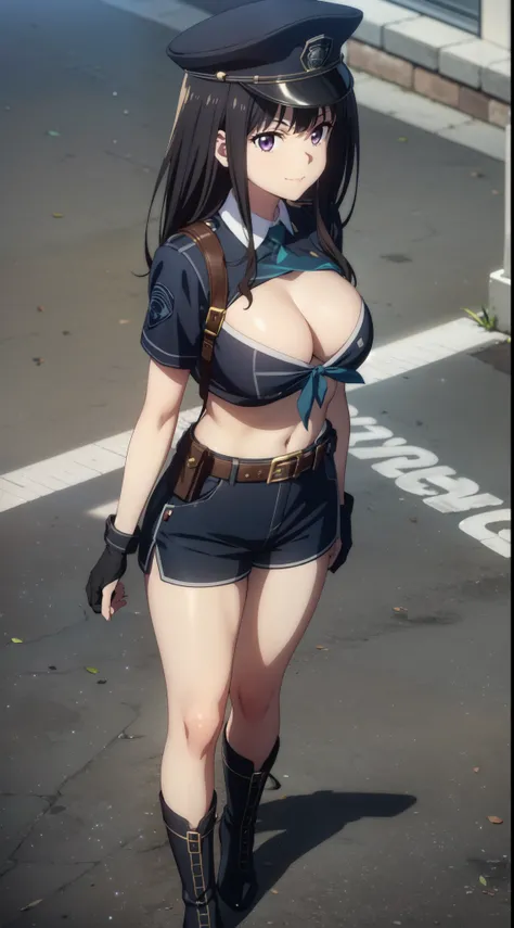 (((pixel perfect, detail perfect))), alone, 1 girl, Chisato Nishikigi, looking at the viewer, smile, Upper body、black police peaked cap, Police, cleavage, Midriffs, white shirt, front-tie top, purple eyes, long hair, Black High-waist shorts, (blue belt:1.2...