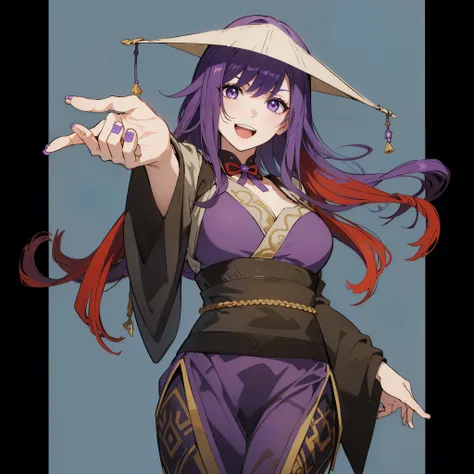 Girl with long purple hair，Beautiful eyes，happy expression，Purple-haired ninja wearing a hat，to grin，Raise your hand，in costume