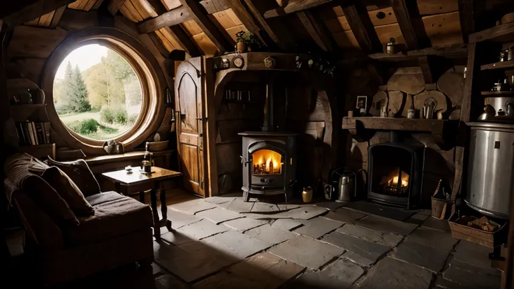 inside a cozy medieval hobbit house. A view to outside, theres a kettle in a old stove