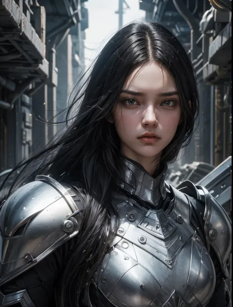 A beautiful woman. Twenty years old. she is staring at the camera with an angry expression. Black hair. long hair. she wears beautiful silver-white armor. Shes in a spacious, debris-strewn research facility underground.