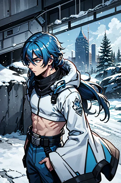 youth，boys，blue hair，ice and snow，cold，warrior，stand，long hair