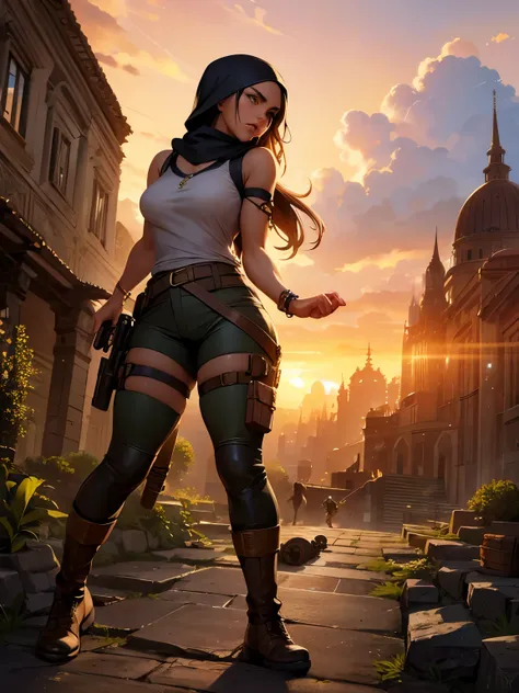 (a beautiful detailed illustration of) a sexy busty Malaysian Lara Croft wearing a hijab and a sexy explorer outfit, investigating an ancient Gold City at sunset, with a panoramic view of the city in the background. The city is adorned with intricate gold ...