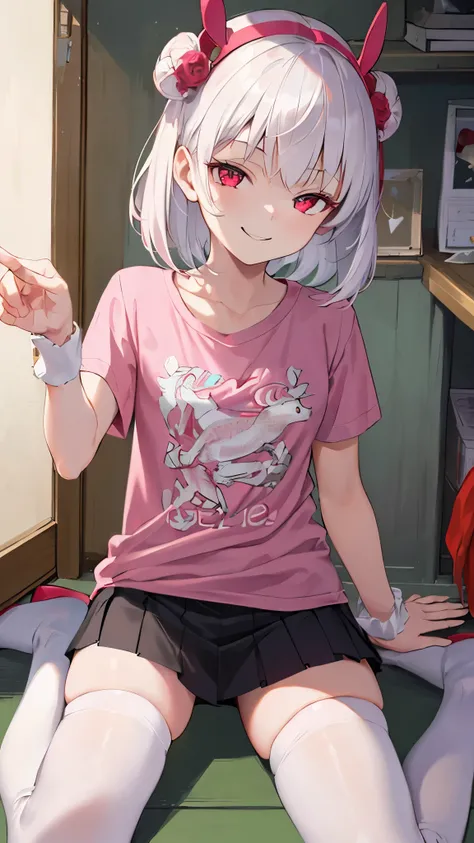 (masterpiece, top quality, best quality, beautiful and aesthetic:1.2),(1girl:1.3), White short hair, smirk, lizard, red eyes, white skin, flat chest, no breasts, t-shirt written on it, skirt, tights, pink leg warmers, smug expression, design, pink shirt