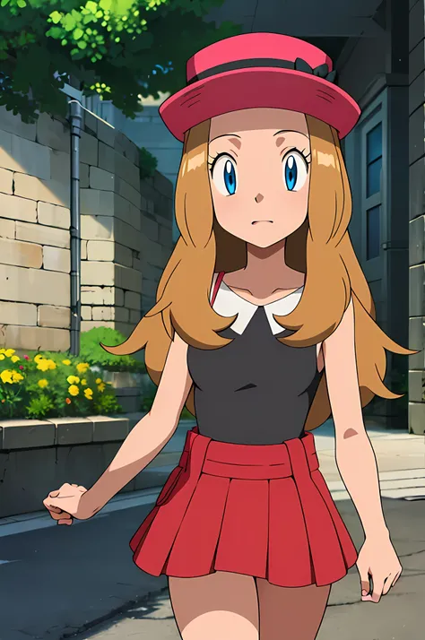 masterpiece, best quality, highres, outdoors, 1girl, solo, serena (pokemon), pink headwear, red skirt, black shirt, bare shoulde...